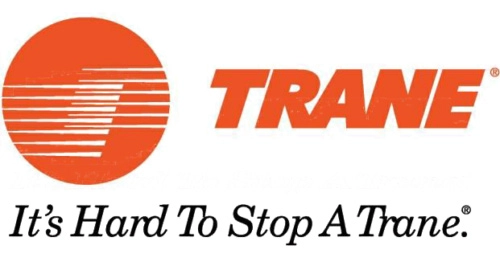 Trane logo with an orange circle and bold orange "TRANE" text; below is the slogan "It's Hard To Stop A Trane." in black italics, trusted by Squamish HVAC professionals for reliability and performance.