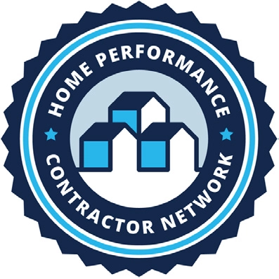 Blue and white badge with three stylized houses in the center, representing trusted Squamish HVAC expertise. Text reads "Home Performance Contractor Network" in a circular border. Two small stars appear on either side.